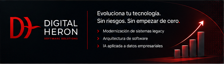Banner corporativo de Digital Heron sobre modernización, arquitectura de software e IA aplicada a datos empresariales